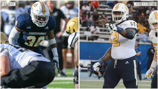 Graphic with SoCon Defensive Player of the Year staring intently at Wofford line of scrimmage and Jacobs Blocking Award winner McClendon Curtis pointing out the Eastern Illinois defense.