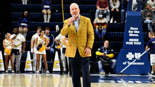 Mark Wharton speaks to crowd at The Citadel basketball game.