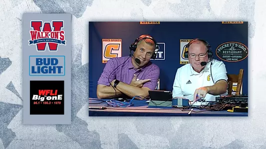 Graphic for Chat with the Mocs Radio Show with Coach Rusty Wright and Jim Reynolds pictured with logos from Walk-On's, WFLI and Bud Light.