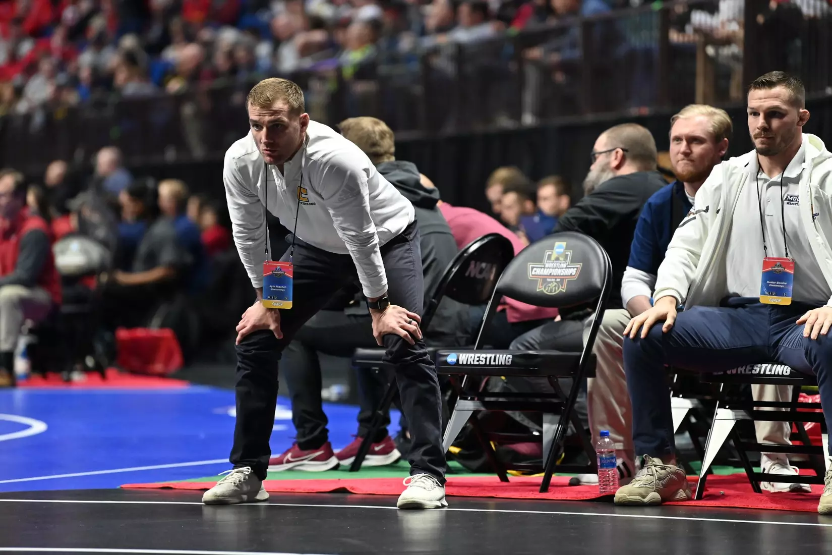 Head coach Kyle Ruschell in first round action at the NCAA Wrestling Championships.