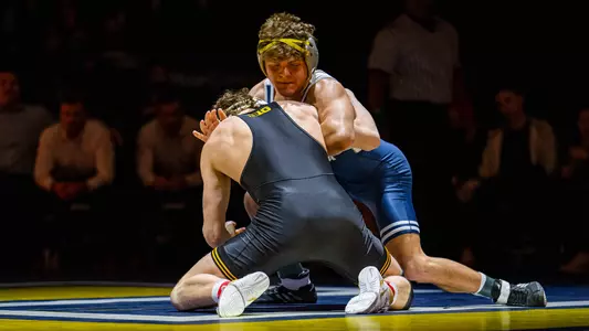 Lincoln Heck looks for position in the Mocs dual with Iowa in McKenzie Arena
