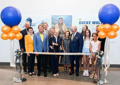 Wolford Family Athletic Center ribbon-cutting ceremony (from left): Mark Wharton, Kim White, Randy Boyd, Steven Angle, Clint Wolford, Diane Wolford, Eileen Thornton, John “Thunder” Thornton, Lindsay Wolford, Madison Wolford, Lillian Wolford and Chad Wolford.