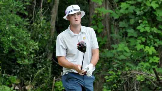 Paul Conroy approaches his tee shot with drive mid-air at the 1st round of the NCAA Auburn Regionals