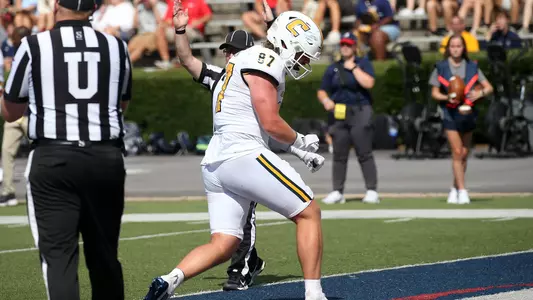 Jay Gibson celebrates another Mocs touchdown at Samford in 2023