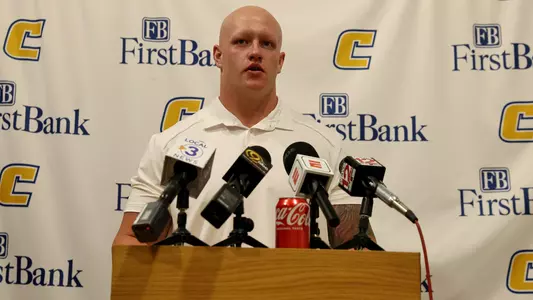 Reid Williams talks with the media at the Week 3 press conference in advance of the home opener vs. Mercer
