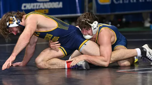 Jackson Hurst works on the mat in his round of 32 win over Northern Colorado at the Southern Scuffle
