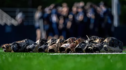 softball gloves spread out on the field