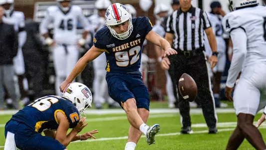 Jude Kelley connects with the ball on one of his 4 field goals keying the win over Samford