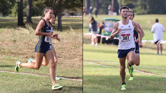 Split image of Chattanooga cross country runners competing at the Crimson Classic, with a runner in the women's race wearing blue on the left and a runner in the men's race wearing a white top on the right running on a grassy course.