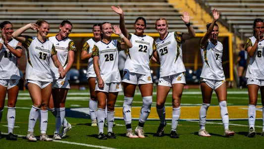 Soccer players in white are waving to the crowd after a win from the pitch.