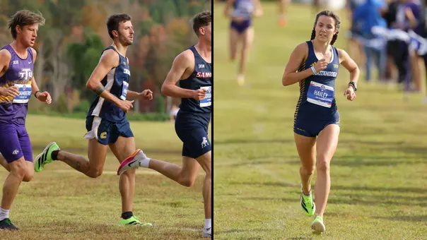 a split photo of a male runner and a female runner in a cross country race.