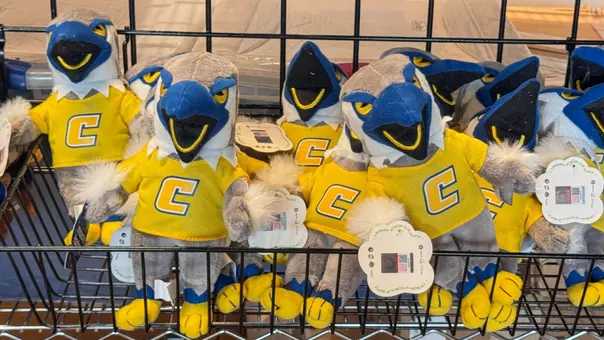 Stuffed Scrappy Mascot dolls of the blue & gold clad mockingbird stacked in a cart