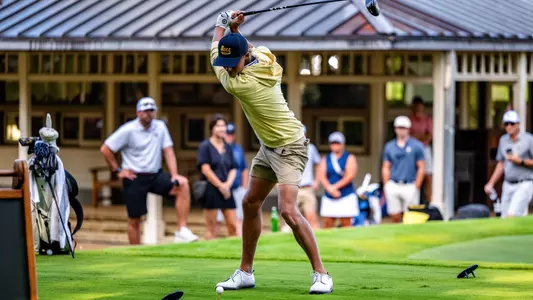 Evan Rogers is at the top of his back swing on his opening drive at the Invitational at the Honors in 2025.