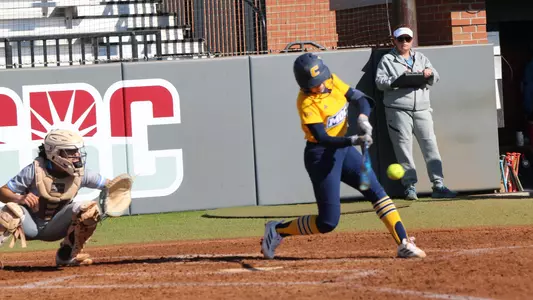 A softball player is at the plate hitting the ball.