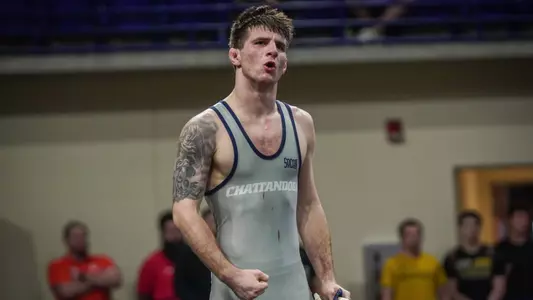 Ethan Uhorchuk pumps his fist after a hard-fought SoCon Semifinal win in the tiebreaker periods