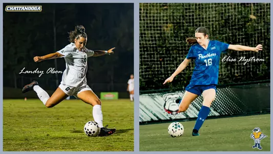 two soccer players in separate photos stitched together. both are kicking the ball on the soccer pitch.