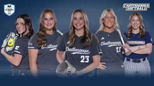 Graphic with five softball players in poses