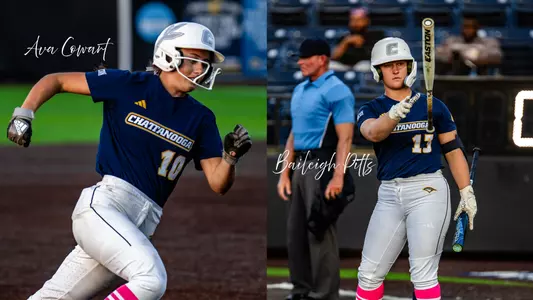 Two photos depicting softball players. One on the left is running and the one on the right is tossing a bat back to a teammate.