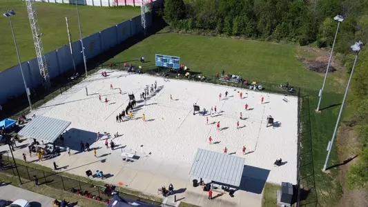 Aerial view of the UTC Beach Volleyball Facility Courts