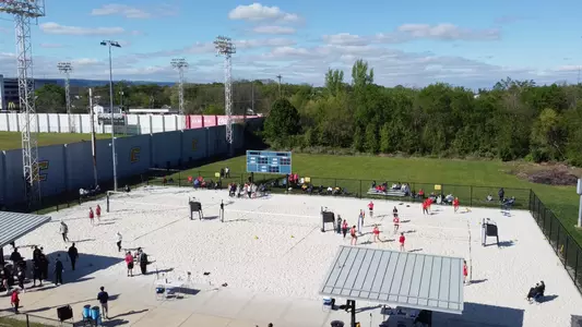 Aerial view of the UTC Beach Volleyball Facility Courts