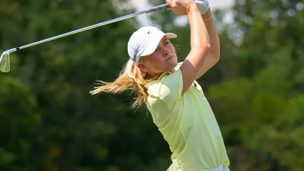 Claire Roberts is at the top of her swing on a par 3 at the Mocs Player Development Complex.