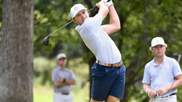 Thad Whitfield completes his swing with a big drive at the Visit Knoxville Collegiate.
