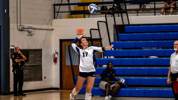 Caroline Peterson serves the ball against Valparaiso
