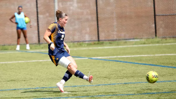 A soccer player in a dark uniform is shooting a penalty kick on the pitch.
