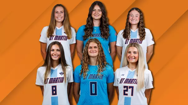2026 UT Martin Soccer Seniors (Top L-R: Maren Cain, Mac Titus, Ella Rucka; Bottom L-R: Peyton Cook, Jordyn Riffle, Caroline Moore)