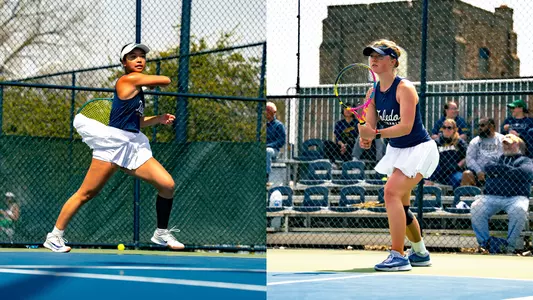 Isabella Barretto hits the ball (left) and JJ Scholten awaits the servce (right) at the UT Varsity Tennis Courts