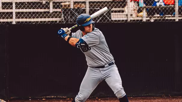 Jacob Payne swinging a bat in a gray uniform