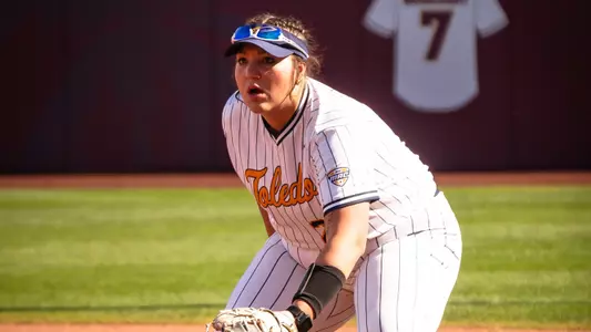 Jenna Bloomfield awaits a play at first base
