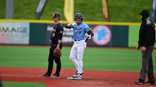 Cade Baker on second base at the MAC Tournament