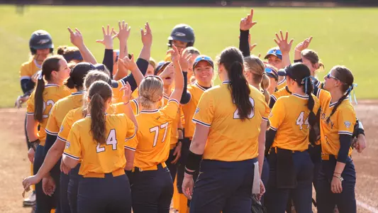 Softball Huddle with arms in the air