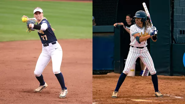 Jenna Gober (left) throws the ball; Eli Enriquez (right) at-bat