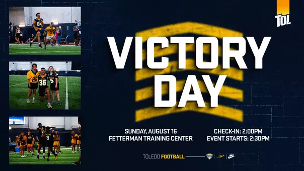 Victory Day 2026, Sunday August 16 inside Fetterman Training Center, Check-In at 2:00 PM, Event starts at 2:30 pm. Has images from previous year of football players interacting by doing football drills and posing with participants.