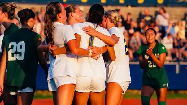 Soccer players celebrating after a goal