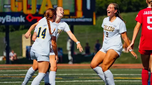 Toledo women's soccer players celebrating a game-tying goal against IU Indy