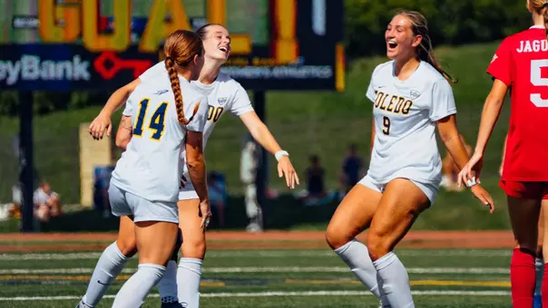 Toledo women's soccer players celebrating a game-tying goal against IU Indy