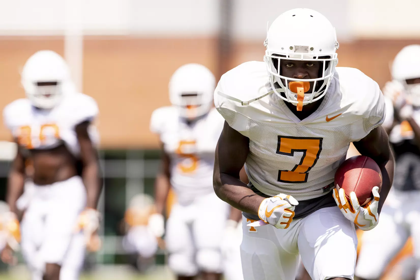KNOXVILLE, TN - AUGUST 07, 2019 - Wide receiver Brandon Johnson #7 of the Tennessee Volunteers during 2019 Fall Training Camp practice on Haslam Field in Knoxville, TN. Photo By Andrew Ferguson/Tennessee Athletics