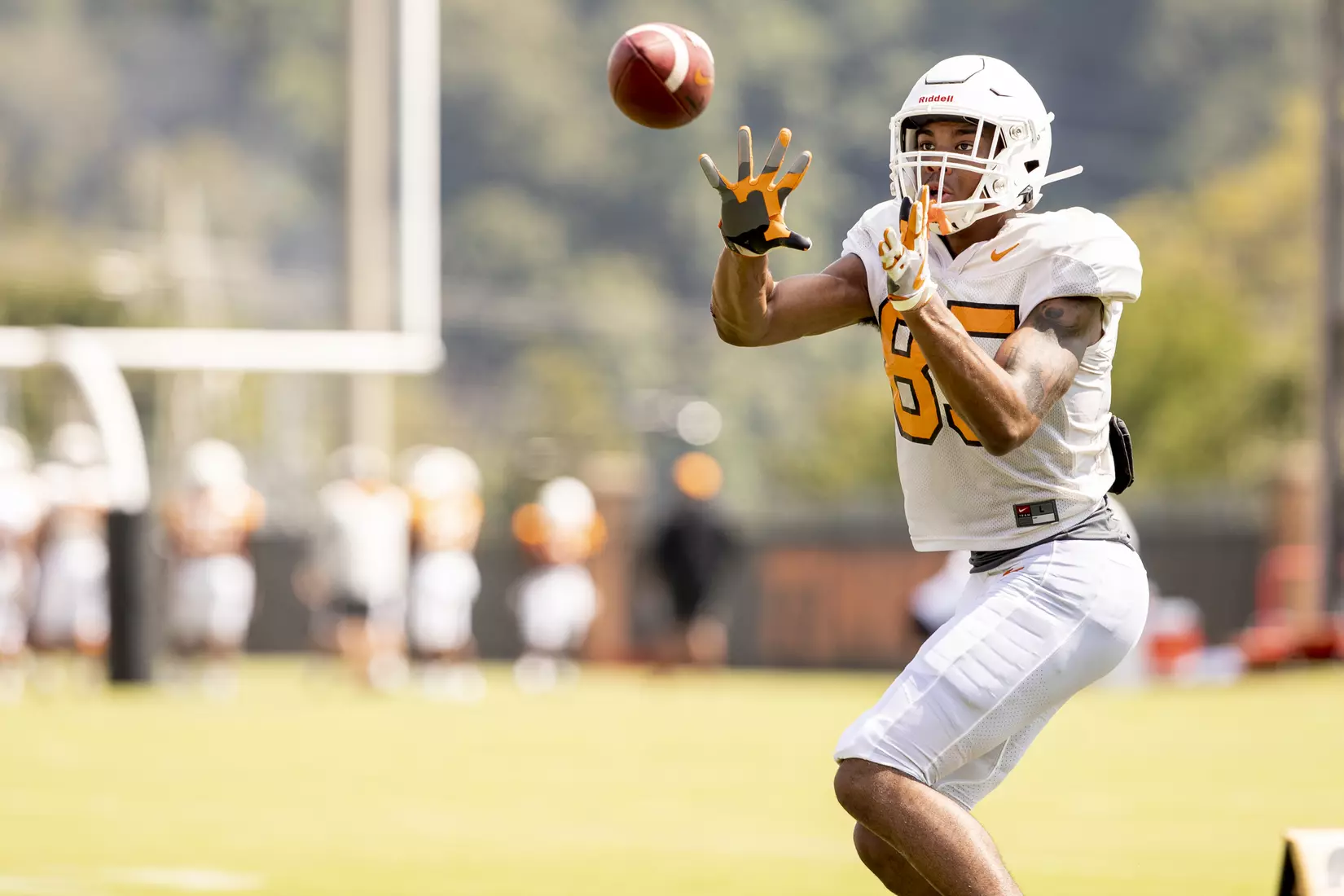 KNOXVILLE, TN - AUGUST 07, 2019 - Wide receiver Cedric Tillman #85 of the Tennessee Volunteers during 2019 Fall Training Camp practice on Haslam Field in Knoxville, TN. Photo By Andrew Ferguson/Tennessee Athletics