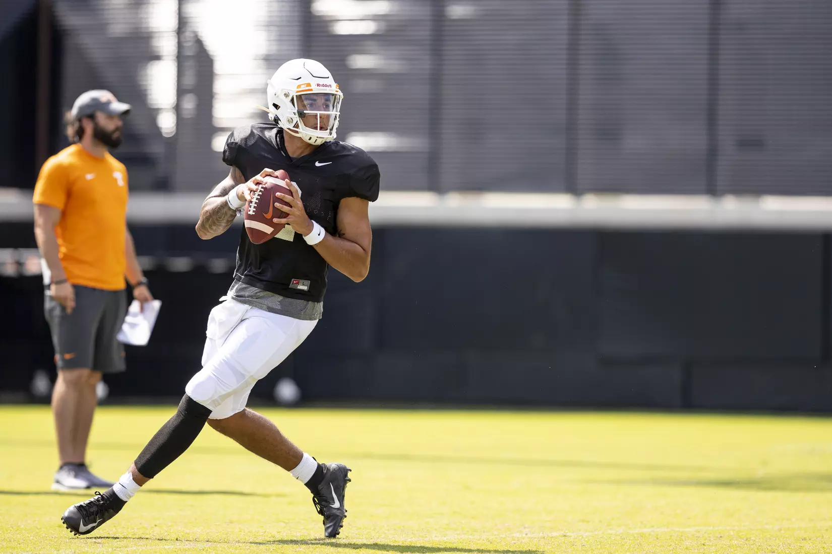 KNOXVILLE, TN - AUGUST 07, 2019 - Quarterback Jarrett Guarantano #2 of the Tennessee Volunteers during 2019 Fall Training Camp practice on Haslam Field in Knoxville, TN. Photo By Andrew Ferguson/Tennessee Athletics