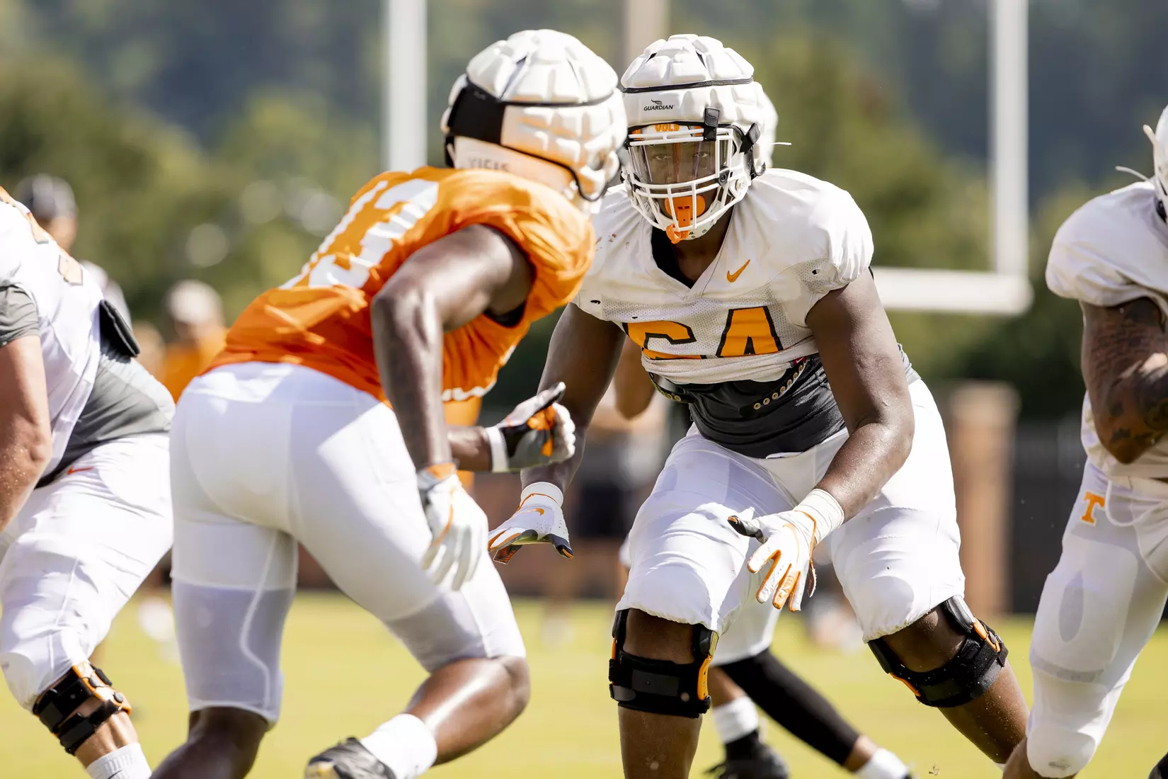 KNOXVILLE, TN - AUGUST 07, 2019 - Offensive lineman Wanya Morris #64 of the Tennessee Volunteers during 2019 Fall Training Camp practice on Haslam Field in Knoxville, TN. Photo By Andrew Ferguson/Tennessee Athletics