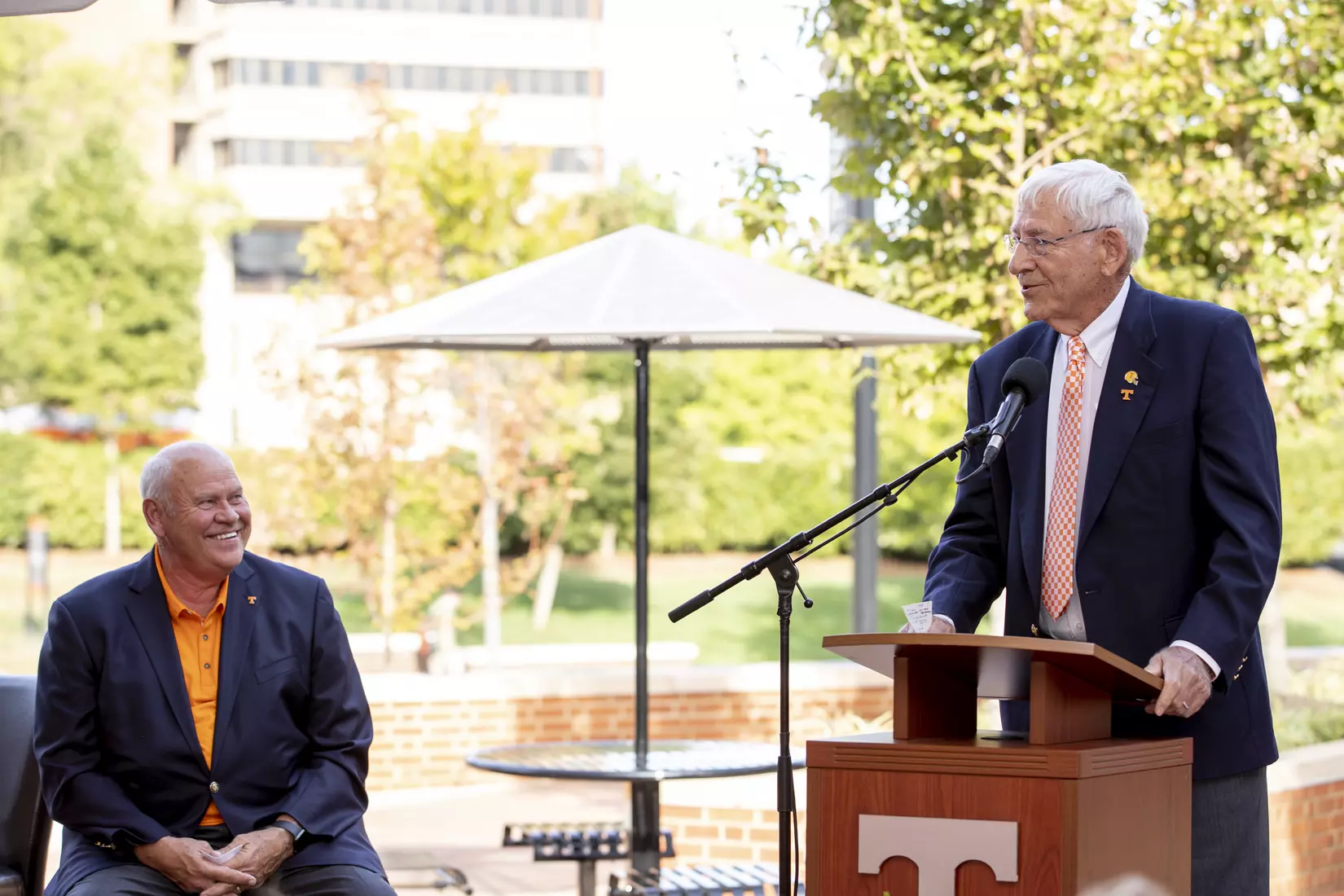 KNOXVILLE, TN - OCTOBER 04, 2019 - Director of Athletics Phillip Fulmer and Doug Dickey during the Doug Dickey Hall of Fame Plaza dedication in Knoxville, TN. Photo By Andrew Ferguson/Tennessee Athletics