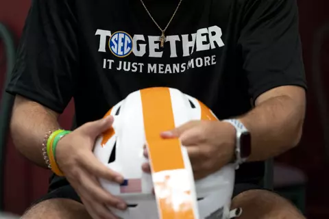 COLUMBIA, SC - SEPTEMBER 26, 2020 - Equipment managers prepare Power T helmets before the game between the South Carolina Gamecocks and the Tennessee Volunteers at Williams-Brice Stadium in Columbia, SC. Photo By Andrew Ferguson/Tennessee Athletics
