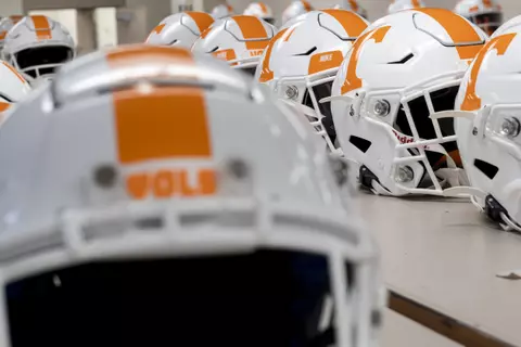 AUBURN, AL - NOVEMBER 21, 2020 - Power T helmets before the game between the Auburn Tigers and the Tennessee Volunteers at Jordan-Hare Stadium in Auburn, AL. Photo By Andrew Ferguson/Tennessee Athletics