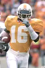 Rashad Baker (16) outruns Georgia's Terrence Edwards (8) after intercepting the ball to setup Tennessee's second touchdown.