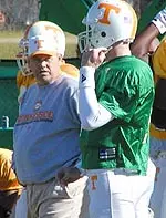 Tennessee head coach Phillip Fulmer makes a point to quarterback Casey Clausen during the Vols' practice in Orlando.