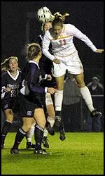 Dowling uses her head on the Lady Vols' second goal of the evening.