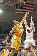 Elgrace Wilborn tries to block a shot by Florida's Matt Bonner during the first half.
